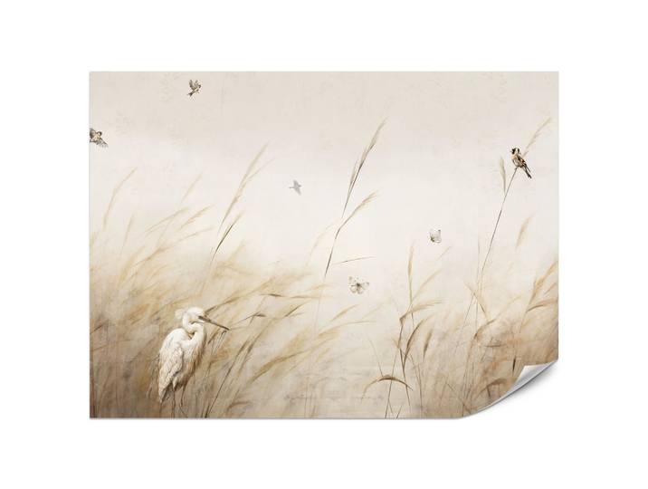 FOTOTAPETE für Schlafzimmer Vögel Storch Hohe Gräser Aquarell 200x140