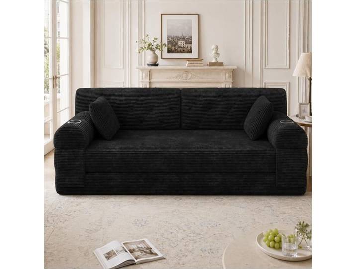 DRIPEX Canapé-lit 2 places Pliant en velours côtelé compressé Canapé modulable structure métallique avec porte-gobelets L168cm Noir