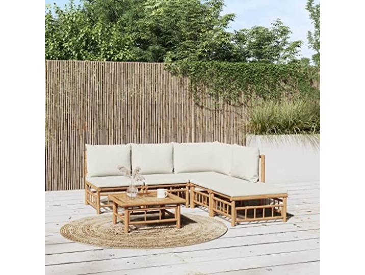 WDGJJFECNMUEHI Bambou Durable élégant café terrasse Brun 45.4 Ensemble Salon de Jardin 6 Personnes Bambou avec Coussins Blanc Crème Canapé Modulable Table et Repose-pieds pour Terrasse