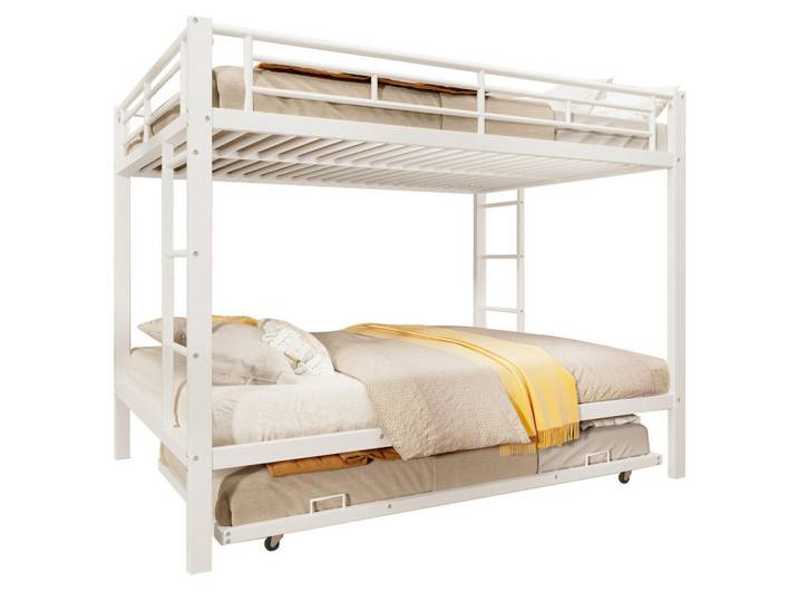 Modfu Etagenbett aus Metall 140x200 cm Weiß mit Ausziehbett und hohen Geländern, 140x200 cm, Babymöbel & Kindermöbel, Kinderzimmer & Jugendzimmer, Stockbetten
