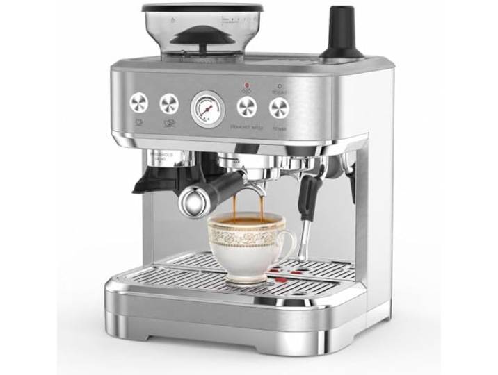 Espressomaschine mit Mahlwerk & Milchaufschäumer, 15 Bar Italienische Pumpe, PID Temperaturkontrolle, 2,3L Wassertank, Edelstahl Siebträgermaschine mit Zubehör für Cappuccino, Latte Art, Heim & Büro