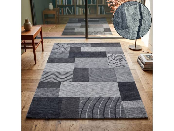THEKO Domas 4028, handgeknüpft rechteckig 12 mm Höhe Kurzflor, reine Wolle, modernes Patchwork Design, Wohnzimmer