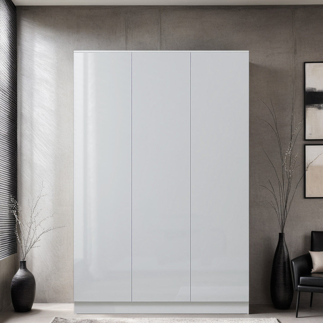 Zipcode Design Carlton 3 Door Wardrobe - Soft-Close Hinged Doors and Handleless Push-to-Open Feature White Gloss 180cm H X 120cm W X 50cm D