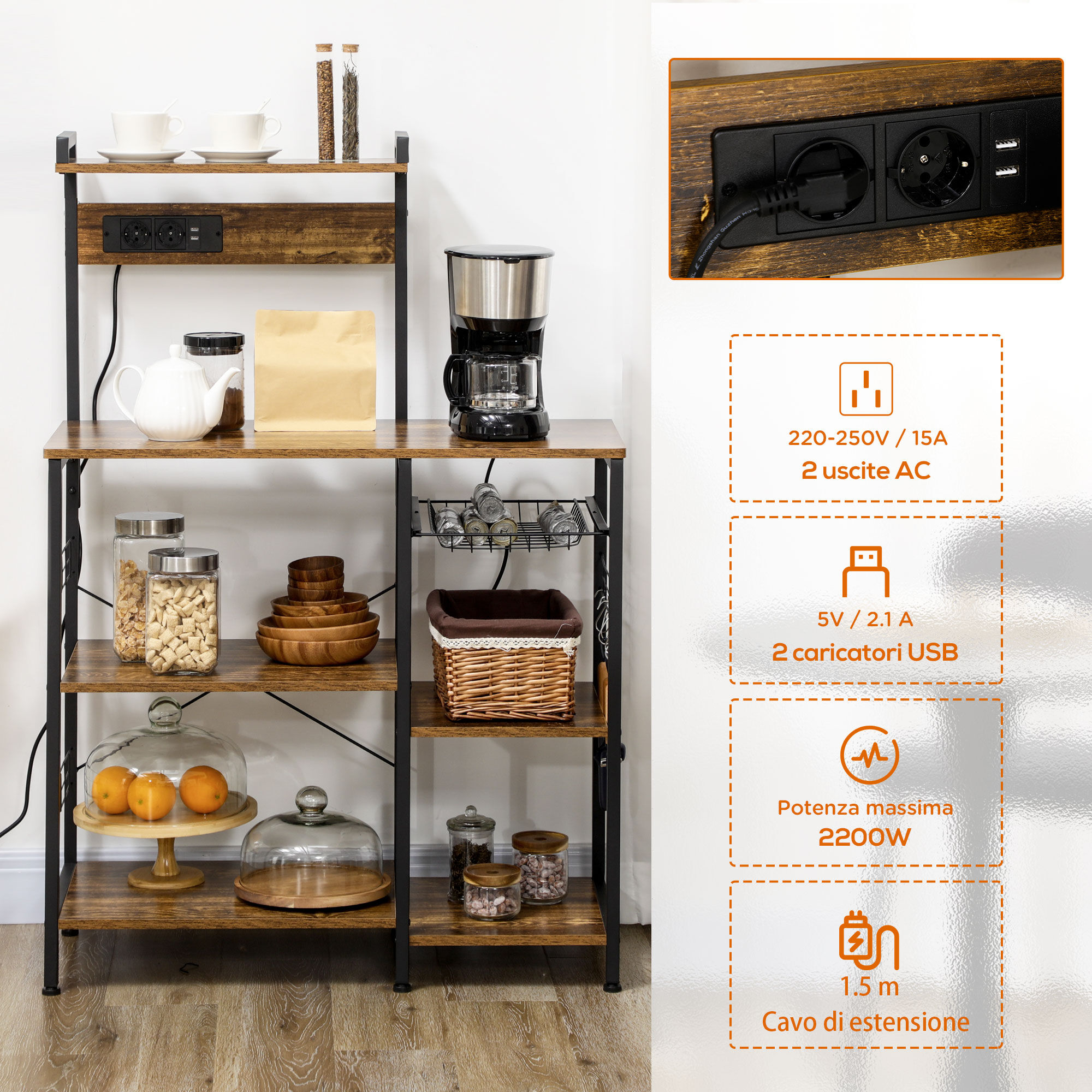 Altro Scaffale Cucina Multipresa Per Microonde Con Ripiani E Cestino A Rete, 90x42x130cm, Marrone