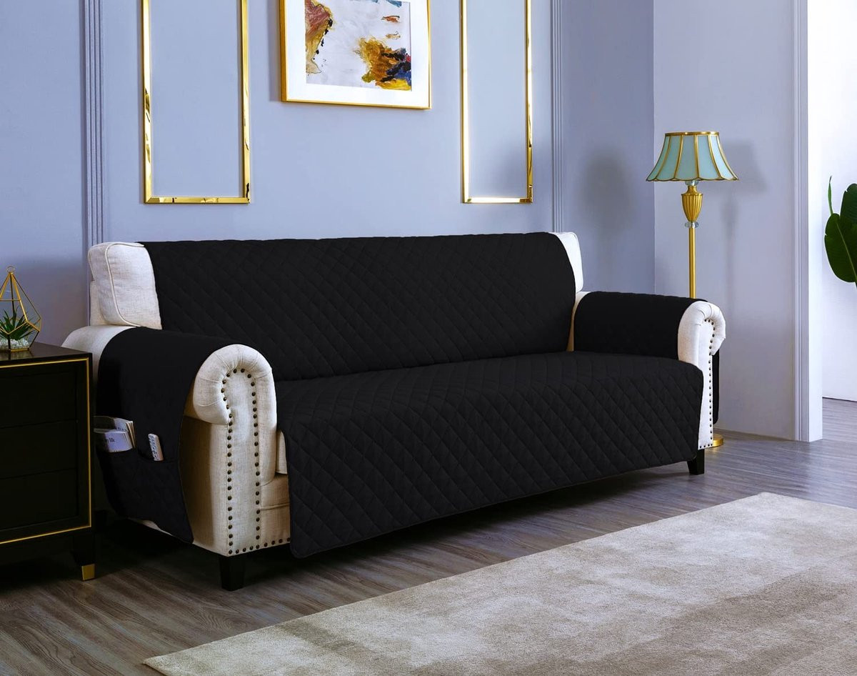 Omgoods Waterdichte 3-Zits Sofa Cover met Kussen, Omkeerbaar, Zwart