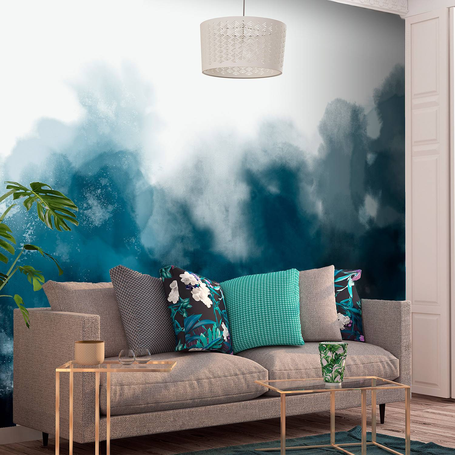 home24 Vlies-fotobehang Watercolour Variation Abstract Modern Groen Blauw 250cm