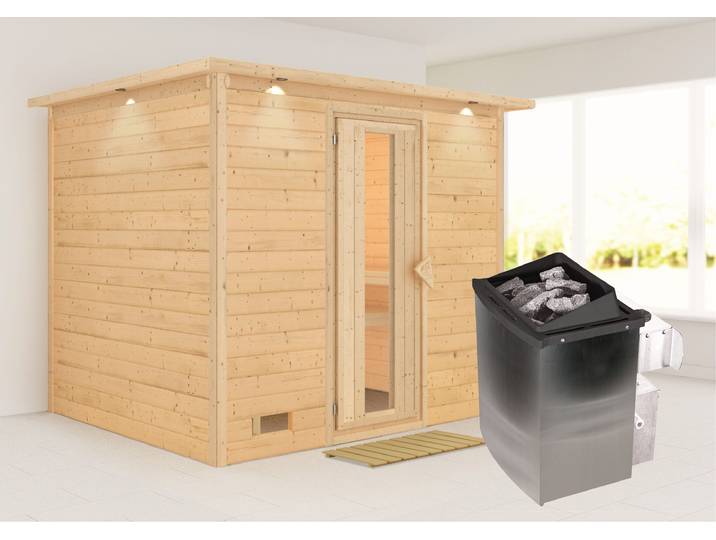 Sauna KARIBU Soraja , beige (naturbelassen), Saunaofen, integrierte Steuerung, 9 kW, Saunen, Sauna, 9-kW-Ofen mit integrierter Steuerung