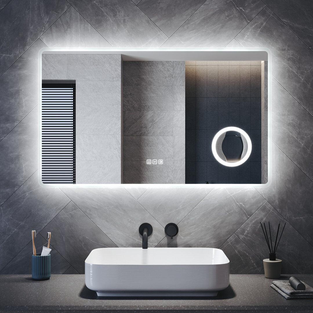 Ivy Bronx White Aluminium Framed Bathroom Mirror, Full Frosted Edge, Anti-Fog, Magnifier, Touch Dimmable LED & 1000*600*35