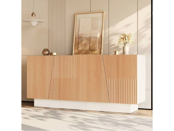 VUENOR Buffet bas 160 cm blanc et naturel 4 portes avec étagères réglables