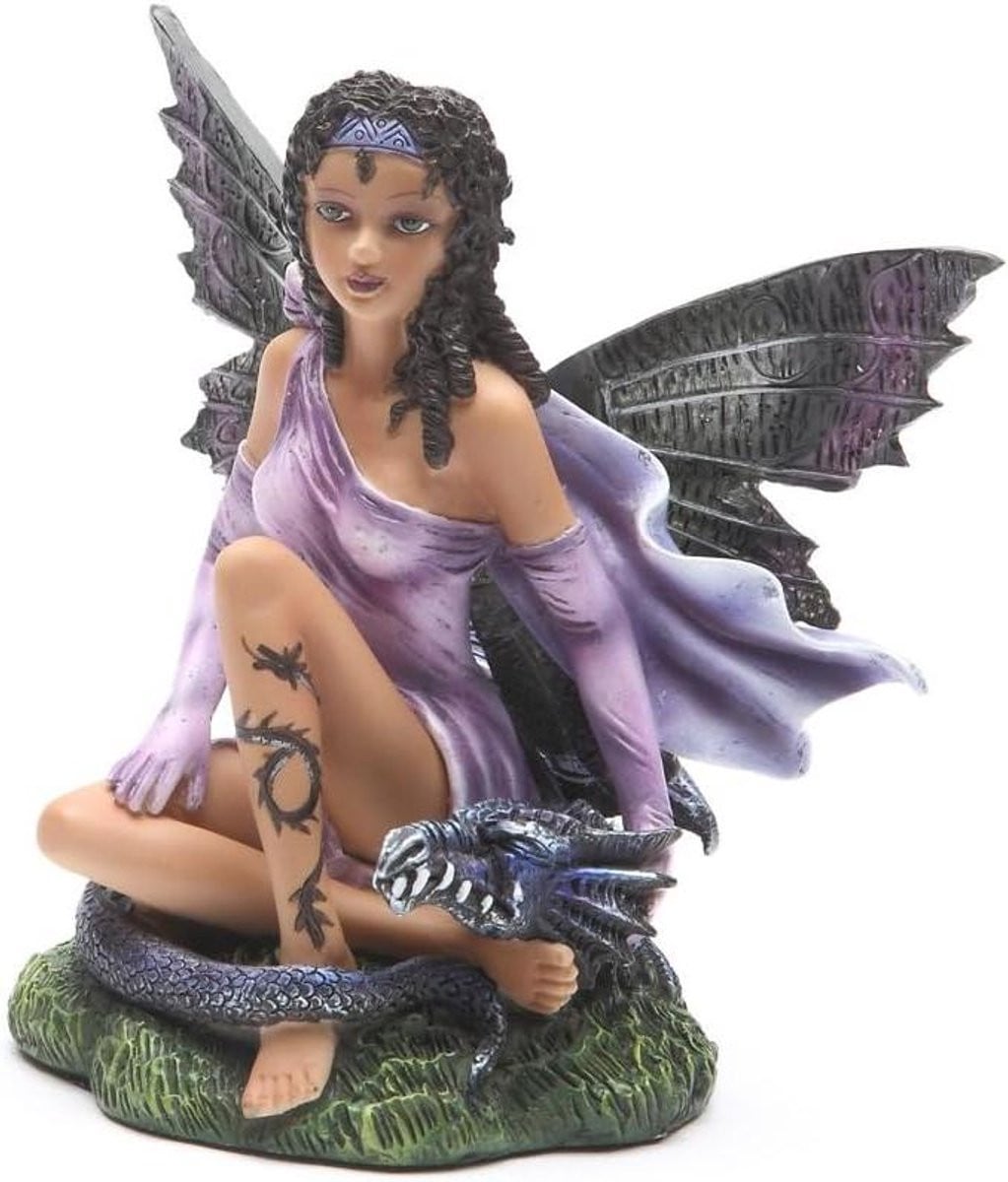 Handgeschilderd Mythologisch Fee met Draak Beeldje - Paars - Hoogte: 15,24 cm