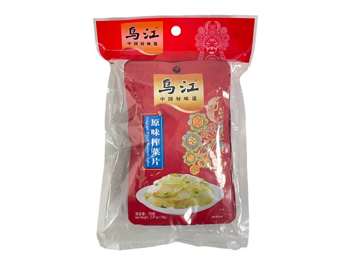 Wu Jiang zhacai (ingelegde mosterdstengels) – naturel, plakjes, 4 x 70 g