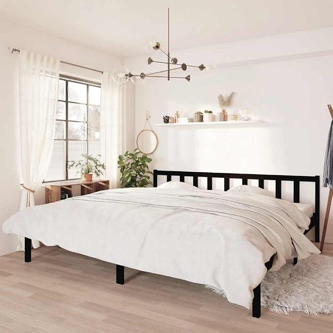 200x200 cm Solid Pine Wood Bed Frame, Black | Features a heavy-duty platform structure suitable for master bedrooms, guest rooms, and family co-sleeping.