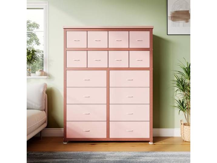 GarveeMore Aufbewahrungsregal 16 Stoffschubladen für Kinderzimmer, Rosa 16 Fächer Sanfte Rosa-Optik Stabiler Metallrahmen 130 cm Hoch Kinderzimmer Und Spielzimmer