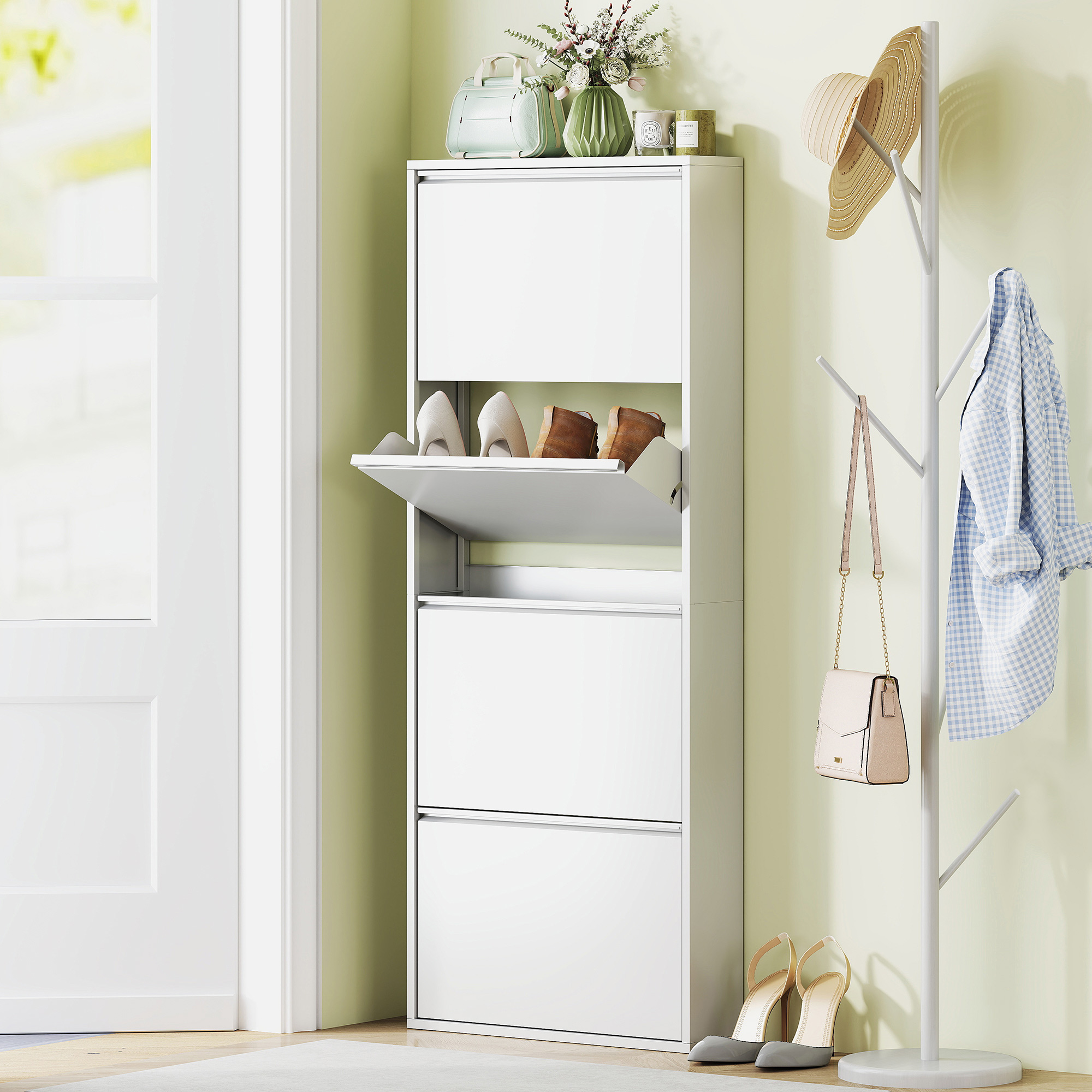 Homcom Scarpiera sottile in metallo per fino a 8 paia di scarpe, 4 ribalte, per ingresso, corridoio, Bianco   Aosom Italy