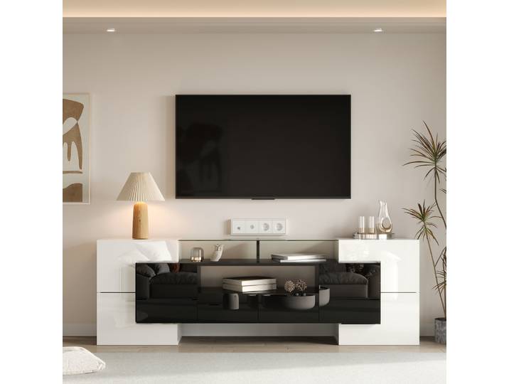 Meuble TV moderne PINGGO 200 cm blanc brillant noir éclairage LED surface en verre pour salon