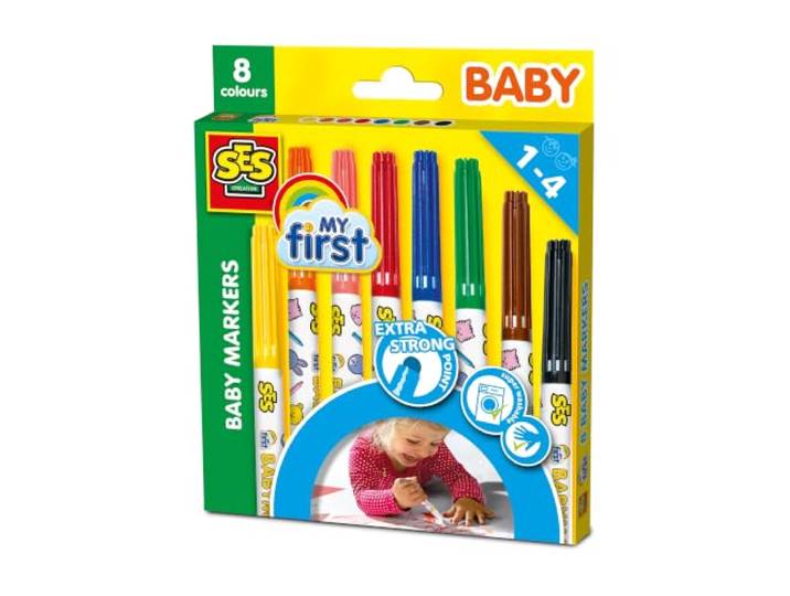 SES Creative 00299 SES Baby Farben Marker, SchwarzBlauBraunGrünOrangePinkRotGelb, 8 Stück (1er Pack)