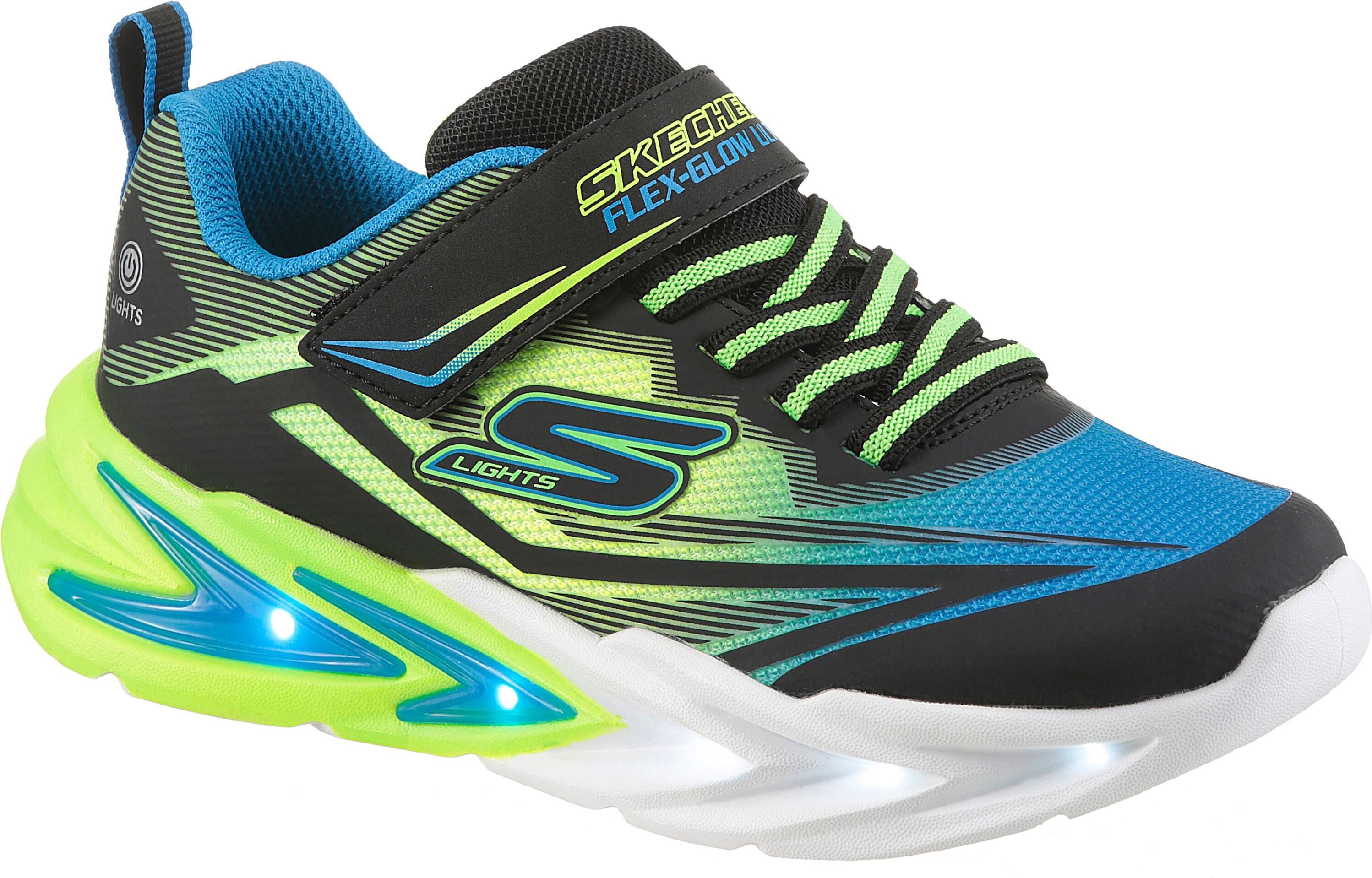 Sneaker SKECHERS "FLEX-GLOW ULTRA", Jungen, Gr. 30, Textil, bunt (schwarz, neongelb), Lederimitat, Textil, Mesh, kontrastfarbene Details, Schuhe Sneaker, Klettschuh zum Schlüpfen, Größenschablone zum Download