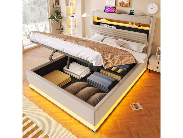 STILVORA Polsterbett 140x200 cm mit USB Typ-C Ladefunktion, Stauraumbett mit LED-Beleuchtung, Schlafbett mit hydraulischer Lagerung und Flip-Top-Aufbewahrungsfach, Drucktaste/App-Steuerung, Beige