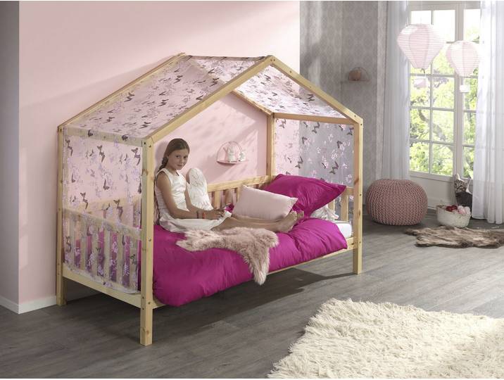 Hausbett VIPACK Dallas, mit Dachaufbau, Kiefer massiv, stabil gebaut , beige (natur), B:97cm H:170cm L:210cm, Textilhimmel 100% Polyester, Betten, Hausbett, wahlweise mit oder ohne Bettschublade und Textilhimmel