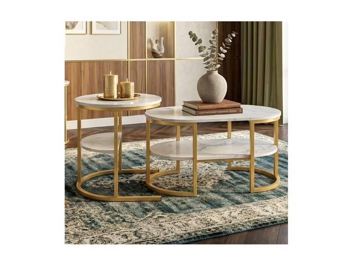 Table Basse Ronde & Ovale Gigogne Plateau Effet Marbre Structure Métal Or Rangement 2 Niveaux Design Luxe