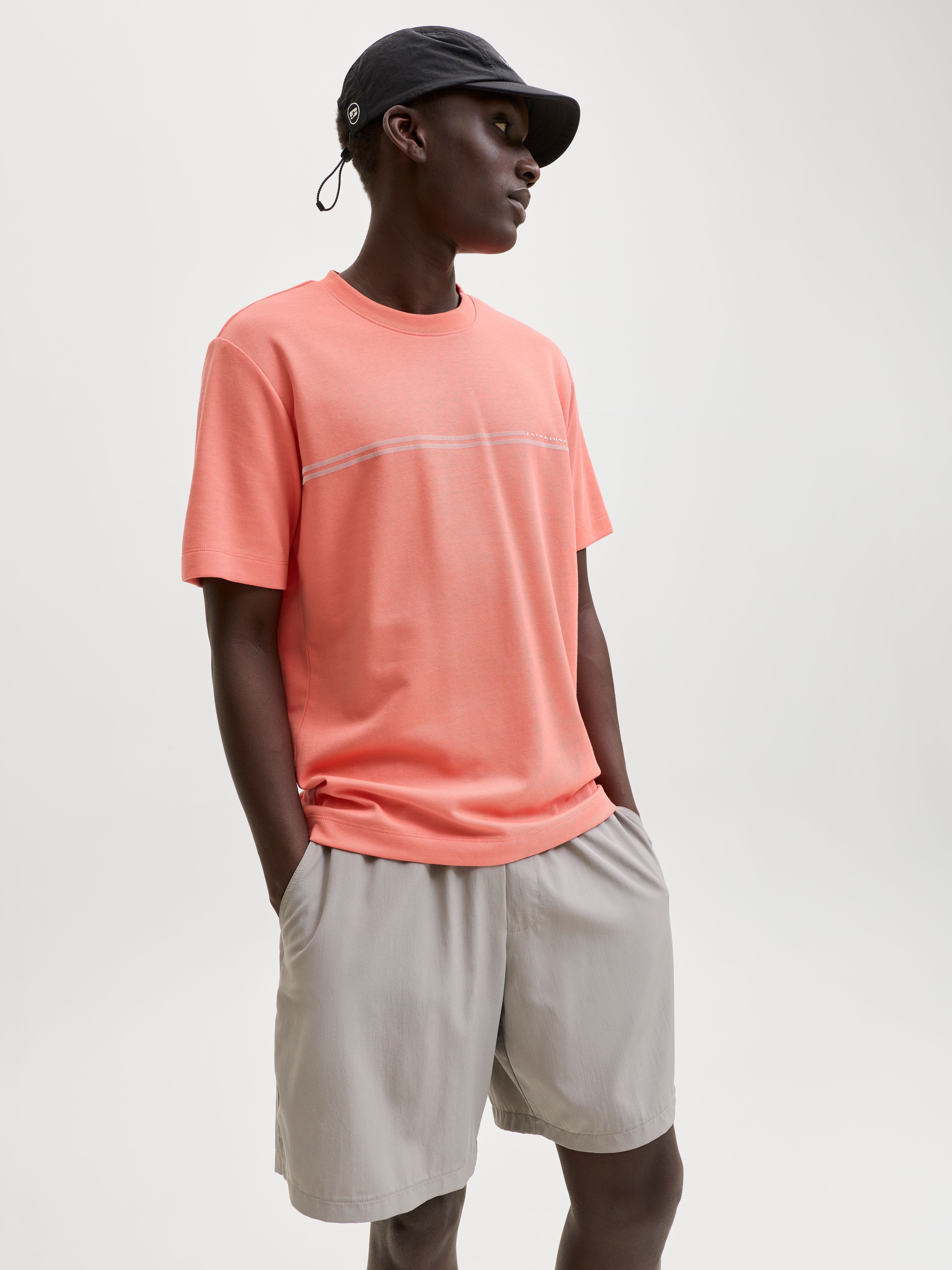 Kurzarmshirt JACK & JONES "JCOFUSION CHEST BRAND TEE SS CREW SN", Herren, Gr. S, rosa (persimmon), Jersey, Obermaterial: 58% Polyester, 42% Baumwolle, bedruckt, regular fit normal, Rundhals, Shirts Kurzarmshirt, Materialmix, regular fit persimmon S