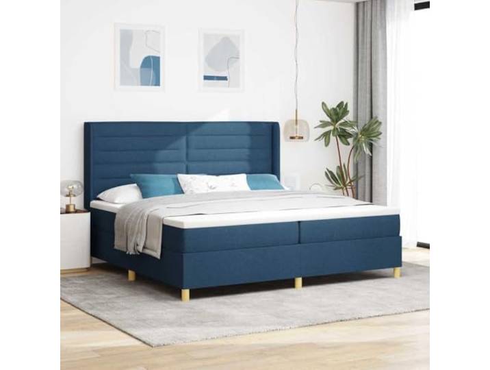 Boxspringbett blau 200 x 200 cm mit Stoffmatratze Kopfteil höhenverstellbar, Holzrahmen, starre Latten, goldene Beine, mittelharte Matratze