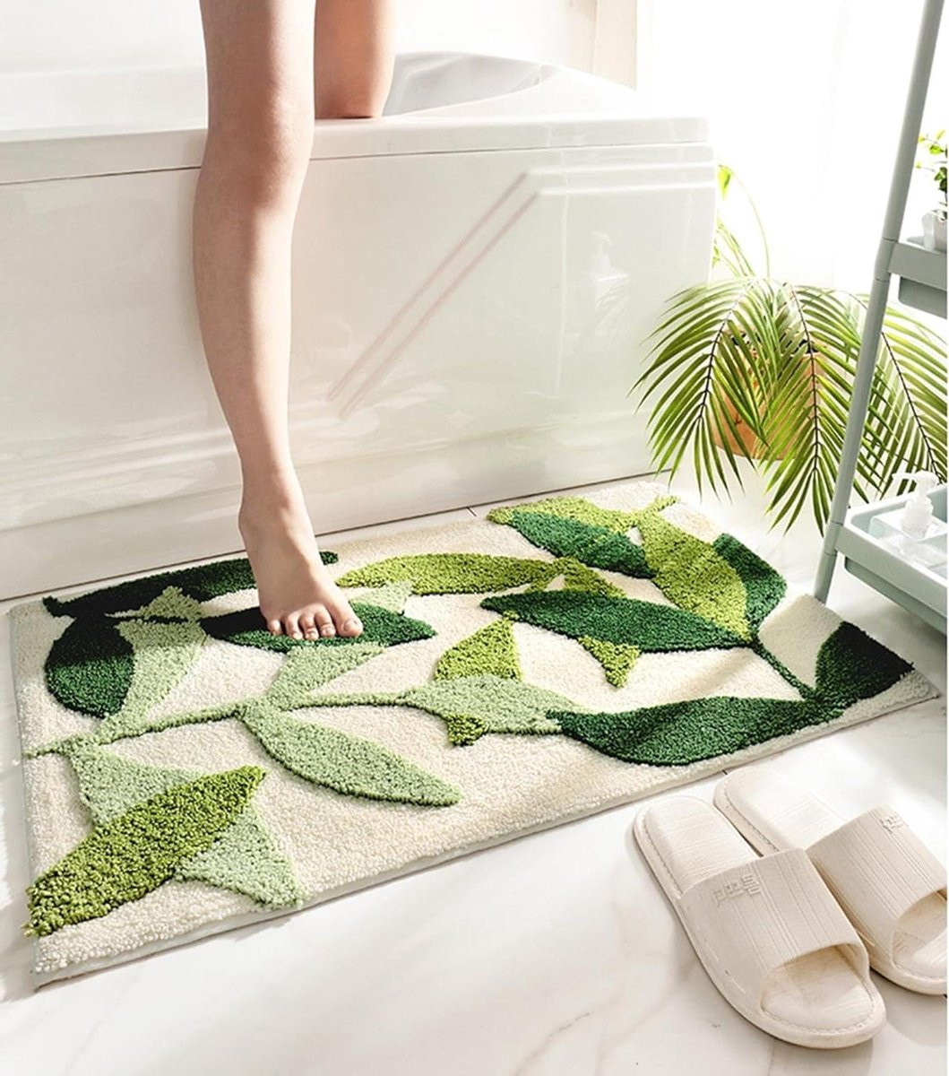 Badmat Bladeren - Groene Antislip Badkamermat van Zachte Microvezel - 47 x 70 cm