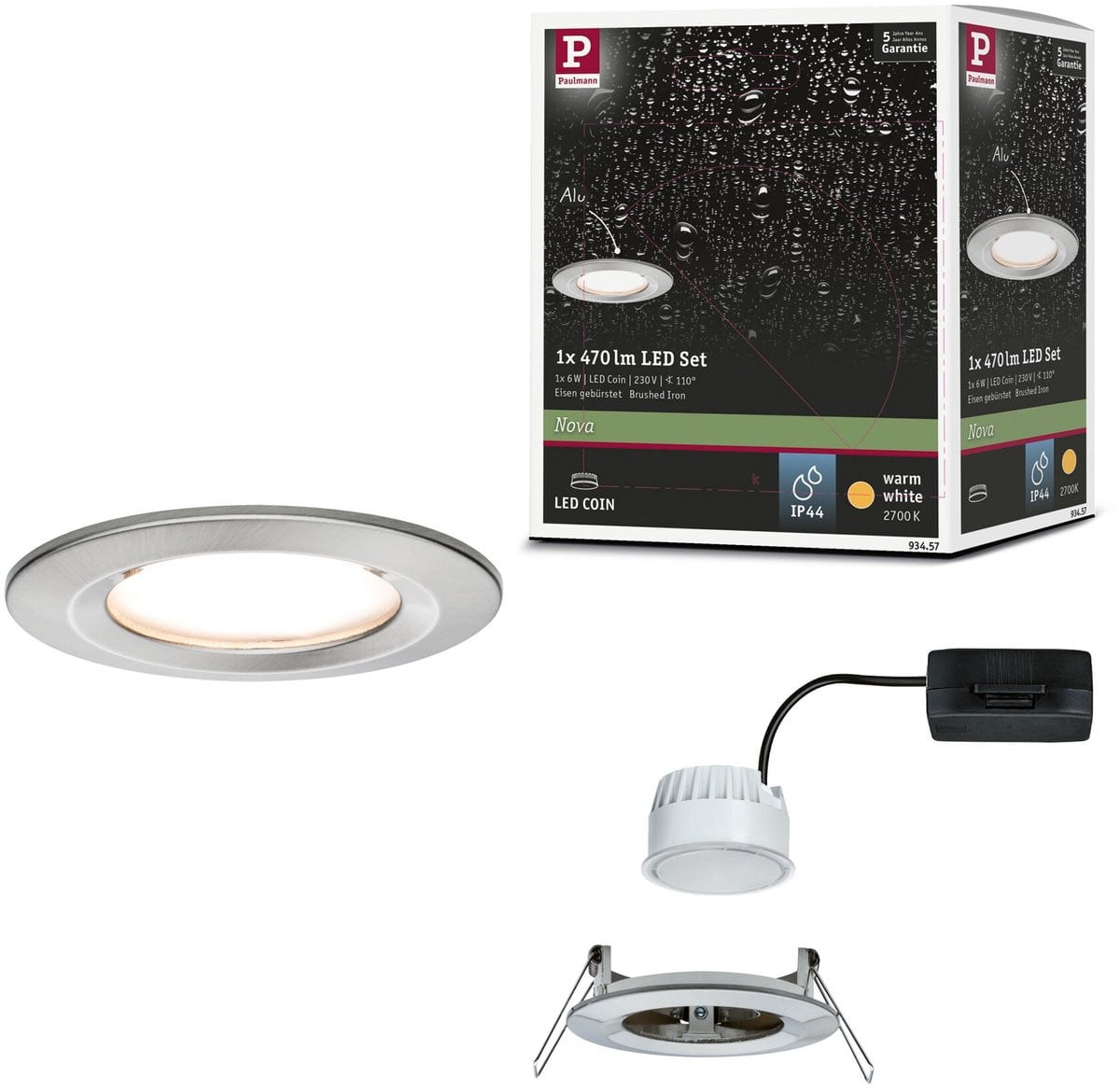 Paulmann Nova Coin LED-inbouwlamp IP44 rond, Staal geborsteld, 6W, 470lm, 2700K