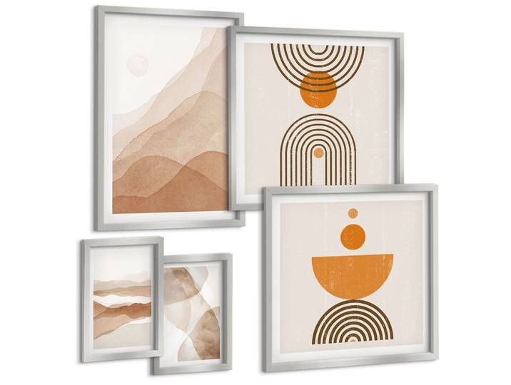 BILDER SET 5er Set - 50x50 cm & 20x30 cm & 40x60 cm Silberner Rahmen - Strukturen schattieren Minimalismus