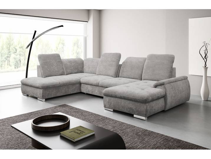 Wohnlandschaft WERK2 Pula 356 x 237 cm modern und bequem , grau (hellgrau), B:356cm H:105cm T:237cm, 100% Polyester, Sofas, Wohnlandschaft, U-Form, XXL, Schlaffunktion, Bettkasten, verstellbare Kopfteile