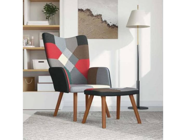 Relaxsessel mit Hocker Patchwork Stoff Stahlrahmen,Holzbeine,Schaumstoffpolsterung,weicher Stoffbezug,dunkles Patchwork-Design