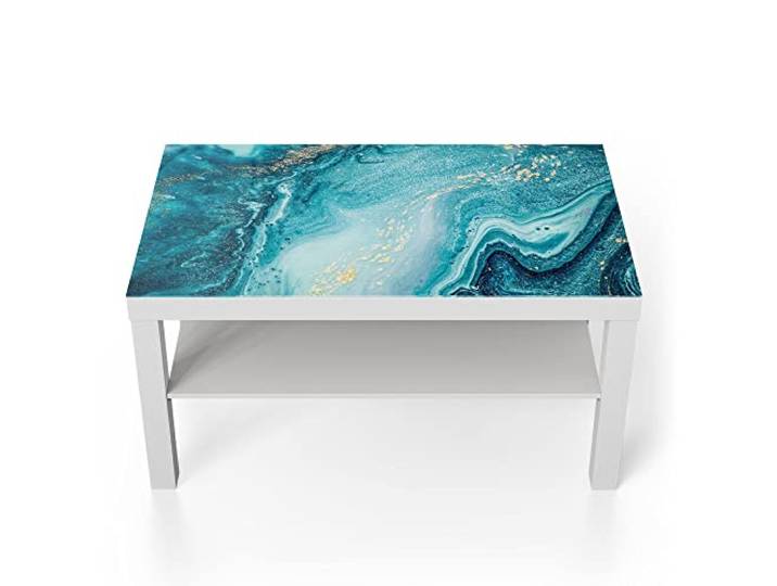 DEQORI Glastisch weiß groß 90x50 cm Motiv Meer aus Marmor ausgefallener Beistelltisch aus Glas Hochglanz Couchtisch fürs Wohnzimmer moderner Couch Tisch mit Design