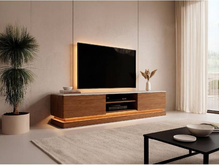 TV-Möbel 2 Schubladen und 2 Nischen mit LEDs aus MDF - Dunkelnaturtöne und Beige - DEVIKA