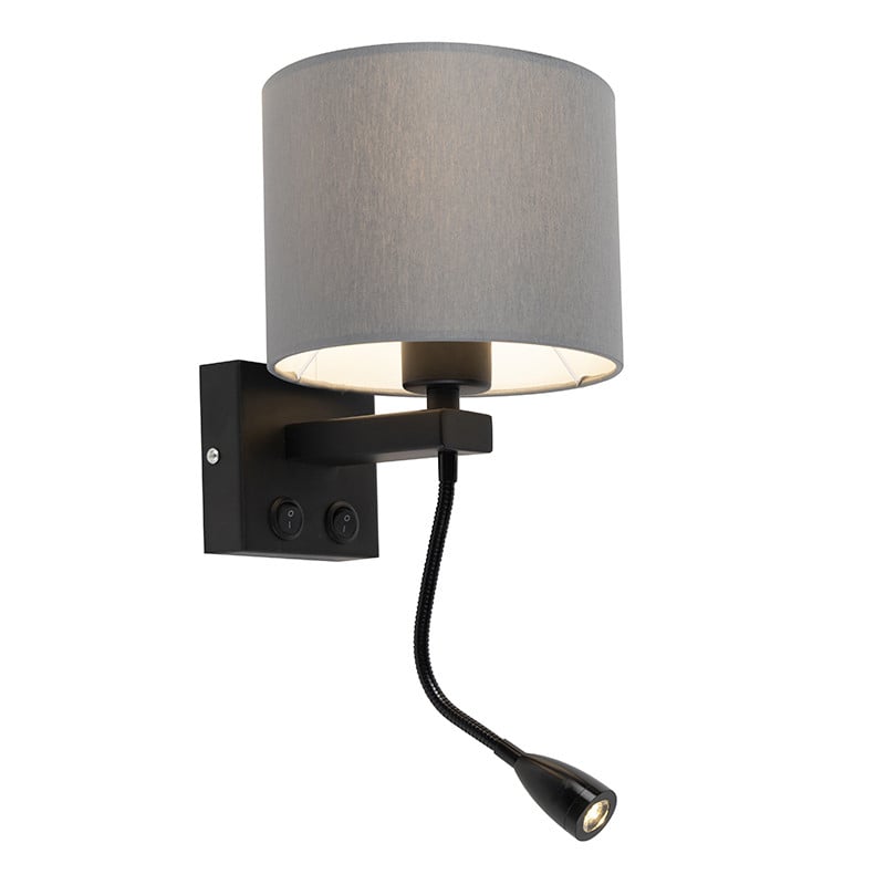 Qazqa Moderne Wandlamp Brescia - Zwart met Grijze Stoffen Kap - Verstelbaar