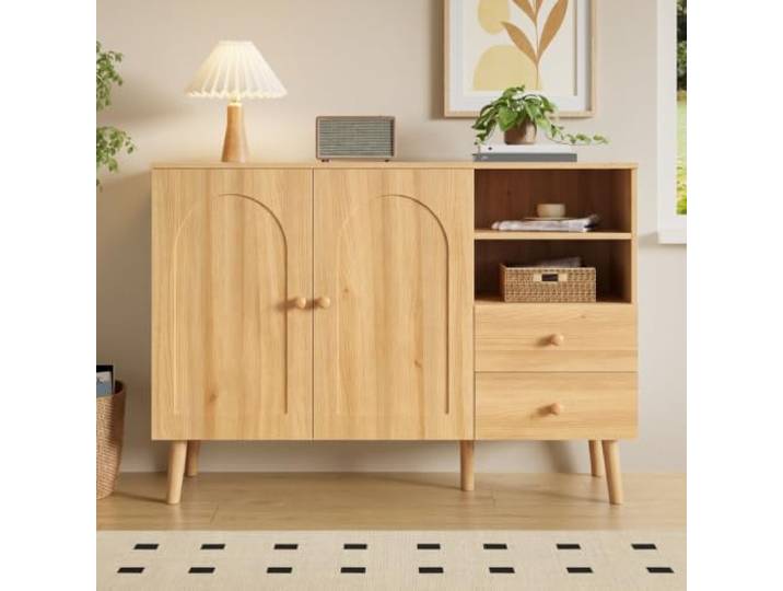 QLTXYHML Sideboard aus Holz, 2 Schubladen, 2 Türen, runde Form, weiches Design