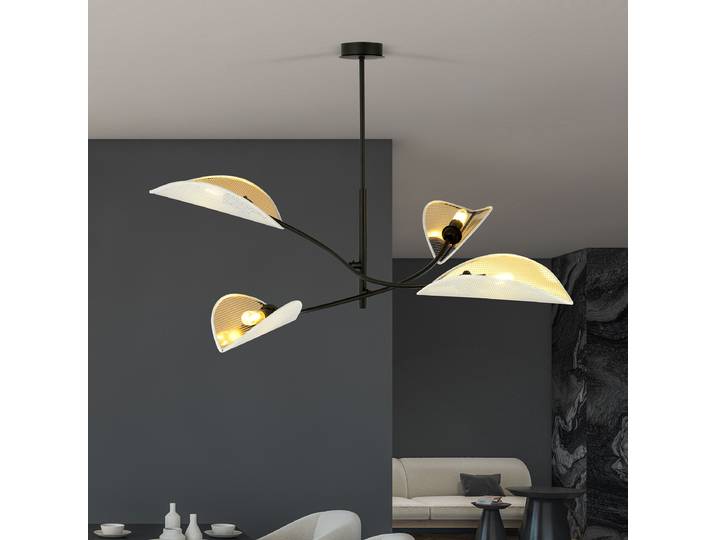 Plafonnier Lotus 102 x 51 x 102cm Noir/Blanc/Doré 4 Tissu mélangé Ampoule électrique E14