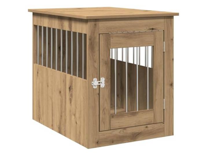Hundestall mit Platte, Eiche Artisan, 55x75x65 cm, Material Holzwerkstoff Stahlstangen, Tür mit Riegel, Links- oder Rechtsmontage, Tischplatte für Dekoration, feuchtigkeitsbeständig