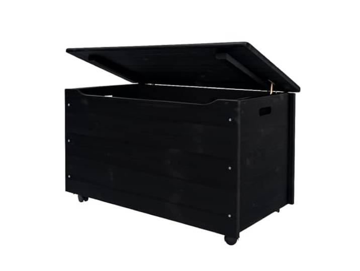 Pinus Spielzeugkiste 90x48x51 cm mit Deckel Rollen Kinderzimmer Schwarz Kiefernholz, große Aufbewahrung, für Spielzeug Decken Kuscheltiere, 4 Rollen, niedrige Höhe, leichtes Einräumen