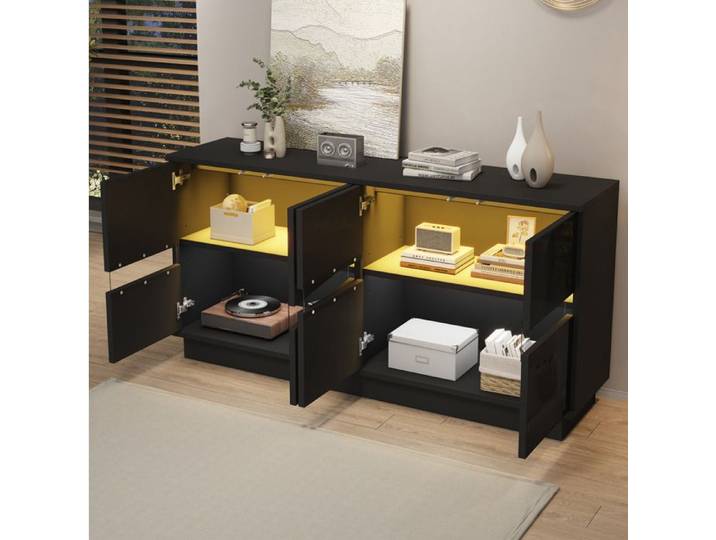 MEUBLIV Buffet bas noir brillant 140 x 35 x 70 cm 4 portes LED Bluetooth et étagères réglables