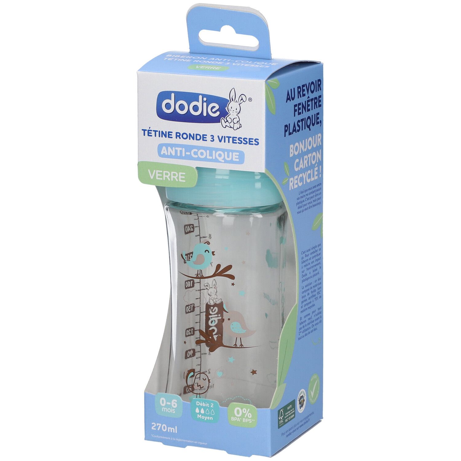 Dodie Zuigfles Initiation+ Glas Groen Vogels 0-6 Maanden 270ml 1 St Flaschen