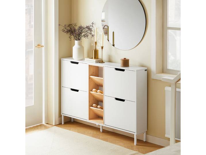 SoBuy FSR183-WN Meuble à chaussures avec 4 rabats, étagère à chaussures étroite, coffre de rangement pour chaussures, étagère à chaussures, blanc