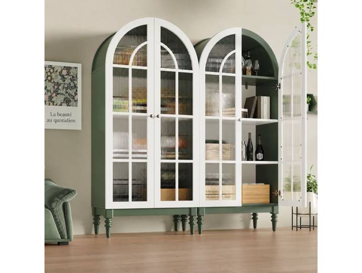 Lot de 2 armoires vitrines Norevia façade en arche et portes en verre strié vert foncé et blanc hauteur 165 cm