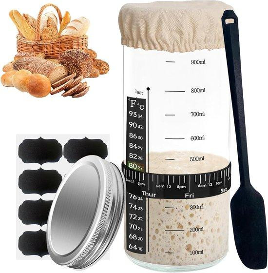 Famanu Starterset voor zuurdesem met glazen pot, aluminium deksel, krijtjes en thermometer
