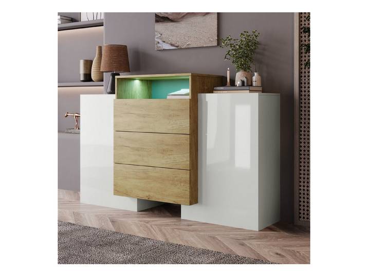 Fine Life Pro Sideboard Sideboard Hochglanz-Weiß/Holz, LED-Lichteffekte, modern, stilvoll