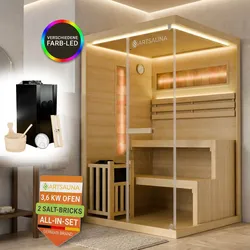 ARTSAUNA® Traditionelle Sauna Vantaa natur - moderne Indoorsauna für 2 Personen, Hemlock Holz, Sicherheitsglas, RGB LED Beleuchtung mit Fernbedienung, Saunaofen 3,5 kW