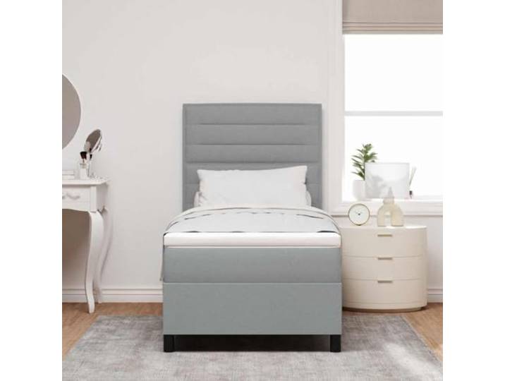 KTHLBRH Boxspringbett mit Matratze hellgrau 80 x 200 cm Stoff Technisches Holz und Kiefer massiv, mittelfeste Matratze, rechteckige Form, atmungsaktiv