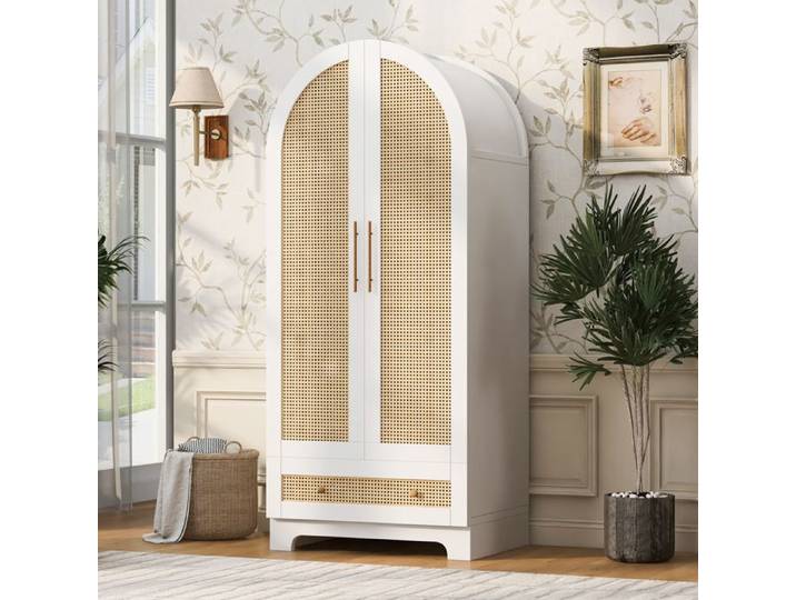 MEULVA Armoire de chambre double porte 2 tiroirs effet rotin blanc 70 x 55 x 170 cm