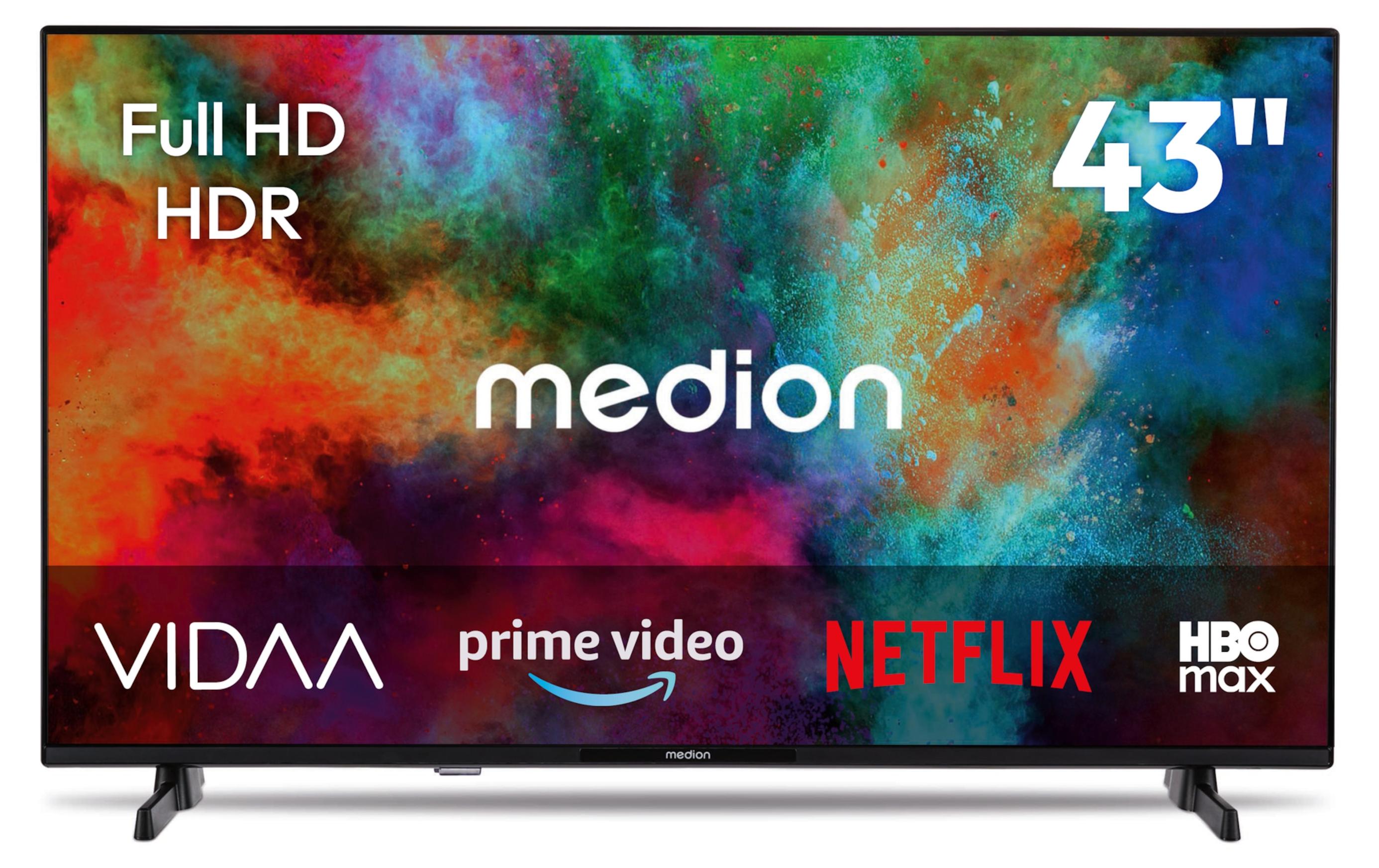 MEDION 108 cm (43 Zoll) Full HD Fernseher (Smart-TV, HDR, VIDAA Store, HBO Max, MagentaTV, Prime Video, Disney+, DAZN, Paramount+, HbbTV, PVR, Bluetooth, MD 843101)