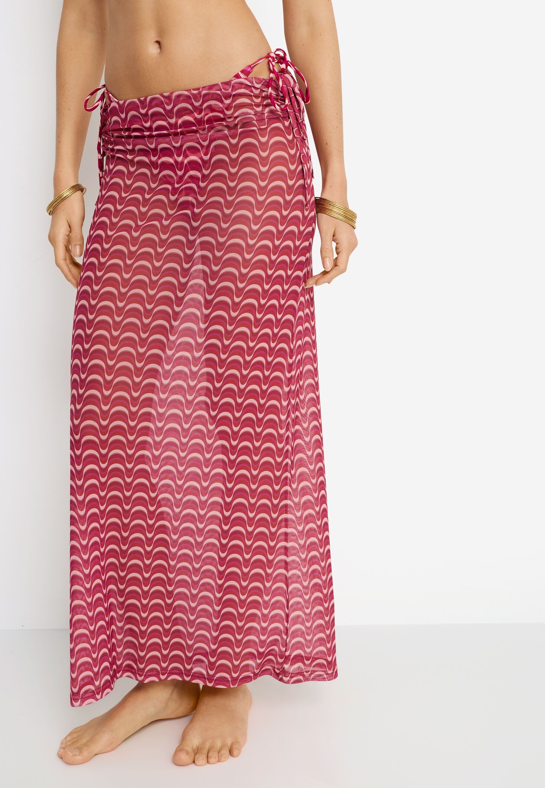 Meshrock LSCN BY LASCANA, Damen, Gr. 46, pink waves, Netz, Obermaterial: 95% Polyester, 5% Elasthan, bedruckt, figurbetont knöchellang, Röcke Meshrock, mit Alloverdruck, Strandrock, Cover-up pink waves 46