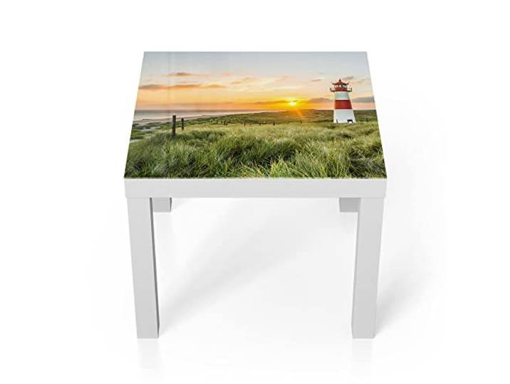DEQORI Glastisch weiß klein 55x55 cm Motiv Leuchtturmliebe ausgefallener Beistelltisch aus Glas Hochglanz Couchtisch fürs Wohnzimmer moderner Couch Tisch mit Design